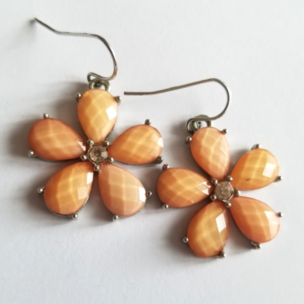 Peach flowers earrings dangly floral silver tone